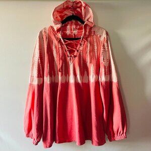 Livi Womens Orange Long Sleeve Lace-Up V-Neck Tie Dye Pullover Hoodie Size 18/20
